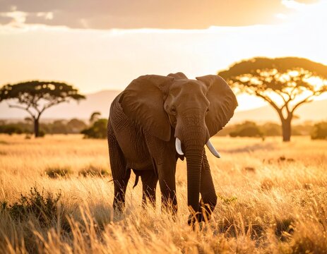 A majestic African elephant roaming freely in the savanna at sunrise, capturing the spirit of conservation for World Elephant Day. - Powered by Adobe