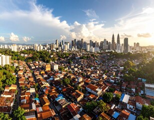 A striking visual contrast between extreme wealth and poverty — a shining modern skyscraper beside a rundown slum — symbolizing global social inequality.