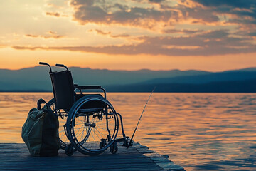 Peaceful lakeside escape featuring a wheelchair, fishing pole and sunset tranquility