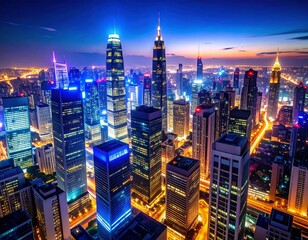 Fototapeta premium A stunning night view of a modern city filled with glowing skyscrapers and urban energy, capturing the pulse of metropolitan life.