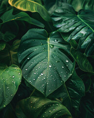 Fototapeta premium Lush green tropical leaves with water droplets nature photography