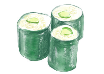 美味しそうで新鮮なカッパ巻き寿司の手描き水彩イラスト