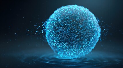 Abstract futuristic technology concept: glowing blue digital particles forming spherical network on dark gradient background.
