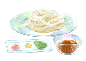 美味しそうなそうめんの手描き水彩イラスト(透過PNG)