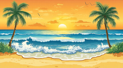 Picturesque tropical beach with palms and golden sunset light painting