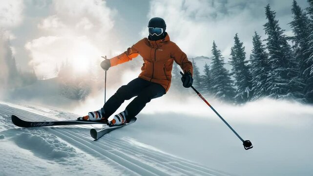 A skier in an orange jacket, helmet, and goggles is captured mid-turn, creating a spray of snow. The scene is a snowy mountain with evergreen trees and a bright, slightly misty sky.