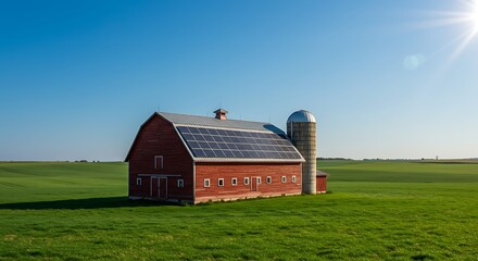 Rustic red barn with solar panels installed on the roof, surrounded by green fields and a clear blue sky — blending tradition with renewable energy