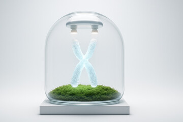 A glowing, icy-blue chromosome suspended upright under soft white lights within a sleek glass dome - Generative AI