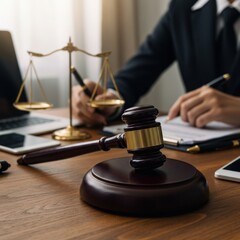 Judge Gavel on Wooden Desk Justice Law Legal Courtroom  Scales of Justice Law Firm Attorney Legal Profession