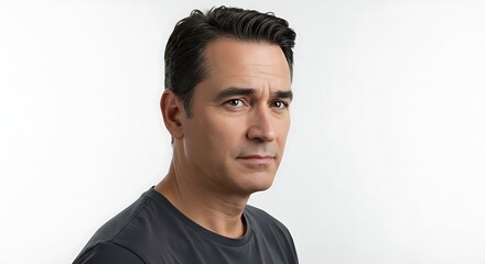 Fototapeta premium Portrait of a Middle-Aged Man on White Background Expressing Subtle Doubt and Introspection for Medical or Professional Context in Studio Photography