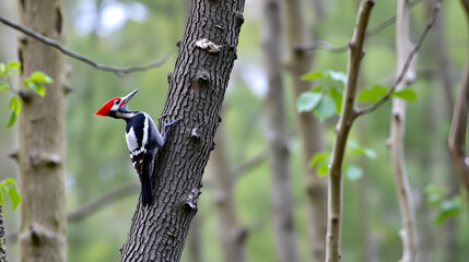 Ivory-billed Woodpecker on Tree Trunk in Forest