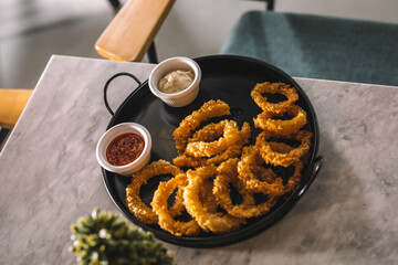 Classic Fast Food Snack – Onion Rings on Plate.jpg, Classic Fast Food Snack – Onion Rings on Plate-Fried Onion Rings with Dipping Sauce