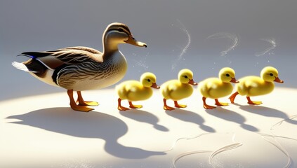 A heartwarming image of a mother duck leading her adorable ducklings onward