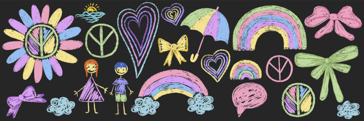 Kids chalk pastel rainbow drawings set. Crayon texture umbrella, peace sign, heart, flower. Collection freehand child baby hand drawn scribble element. Vector illustration isolated on black chalkboard