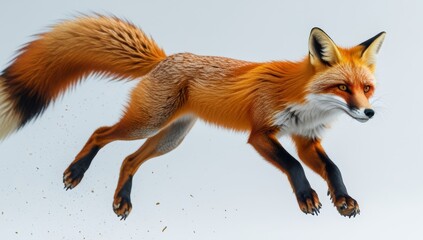 Fototapeta premium A Stunning Red Fox in Mid-Air Captured Against a Clean White Background