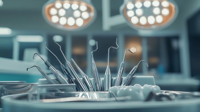 Stainless steel dental instruments gleaming under bright lights a sterile environment