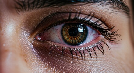 Close up of a woman's crying eye with bloodshot sclera conveying sadness and mental illness. Concept for mental health awareness.