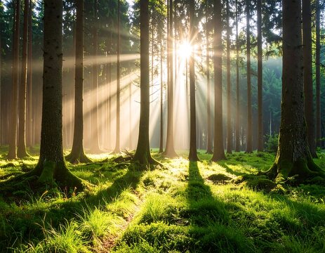 Sunlight streams through a misty forest