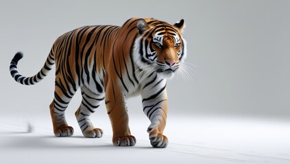 Obraz premium Majestic tiger strides purposefully across a pristine white background scene