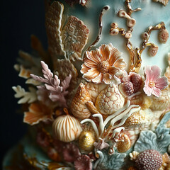 Obraz premium Ornate buttercream cake with a detailed floral design, close-up view