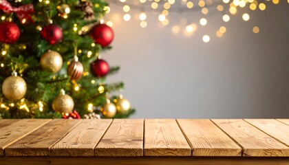 Festive Christmas Tree with Wooden Table.