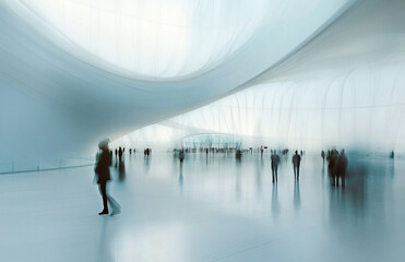 Blurred motion of people in a modern architectural marvel interior view