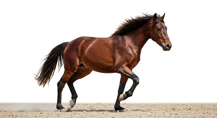 Obraz premium Majestic Brown Horse Galloping on Sand, Isolated on White Background