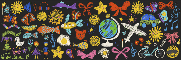 Kids chalk drawings big set. Crayon freehand child baby hand drawn scribble nature elements: smile, sun, flower, airplane, earth, bicycle, butterfly. Cute pencil school vector illustration isolated