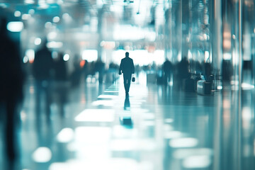 Blurred figures in a modern building, walking towards an unknown destination