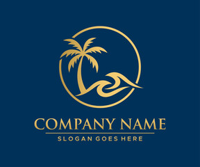 luxury gold palm tree and waves logo