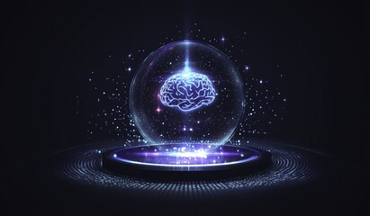 A futuristic blue digital background featuring a glowing holographic brain floating in the center