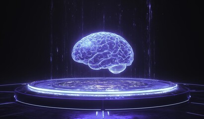 A futuristic blue digital background featuring a glowing holographic brain floating in the center