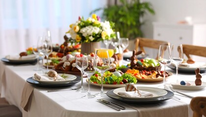 Fototapeta premium Festive Easter table setting with food and decor.