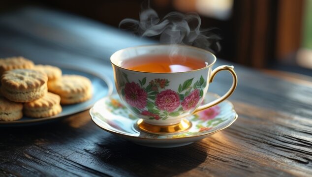 Elegant tea cup with floral design and cookies on rustic wooden table - Powered by Adobe