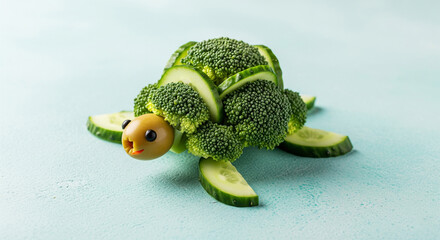 A turtle made from broccoli and cucumber slices, with an olive head