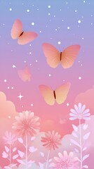 Minimal Spring Nature Aesthetics A serene illustration of pink butterflies fluttering above delicate flowers against a dreamy pastel sky.