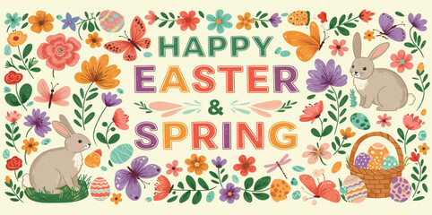 Happy Easter, Modern flat design with flowers, eggs and bunnies, pastel colors