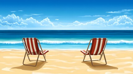 Fototapeta premium Empty beach chair on a sandy beach overlooking the ocean.