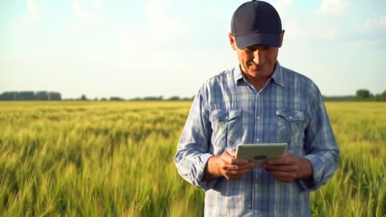 Man Using Tablet in Green Wheat Field Under Clear Blue Sky Wearing Plaid Shirt and Navy Cap Checking Crop with Low Angle and Medium Shot in Rural Setting - Powered by Adobe