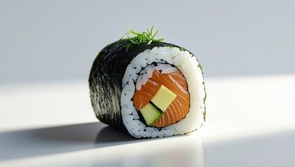 Delicious sushi roll with salmon and avocado on a white background surface