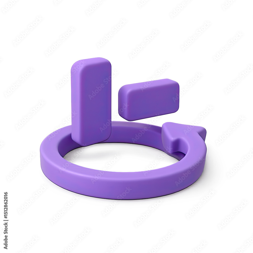 Poster abstract purple 3d icon with circular arrow and geometric shapes on transparent background