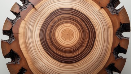 Abstract close-up of a cut tree trunk showing detailed growth rings and bark
