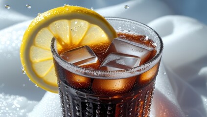 Refreshing cola drink with ice cubes and lemon slice on a white silky background
