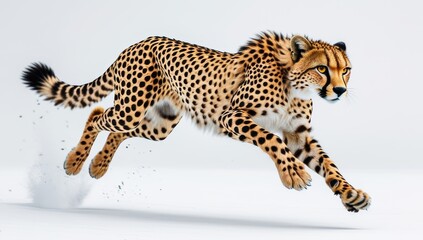 Magnificent cheetah in mid-air leap displaying power and speed against white backdrop