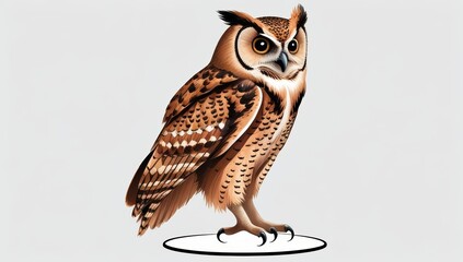 Detailed Illustration of a Majestic Owl Standing Tall Against White Background