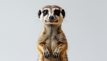 Portrait of a Cute Meerkat Standing Upright Against a Plain Background