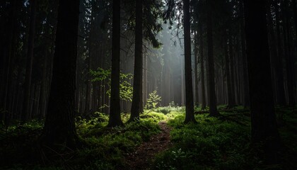 Obraz premium Sunbeams in the Mysterious Forest