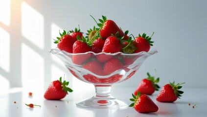 A vibrant glass bowl filled with fresh ripe strawberries in a bright environment