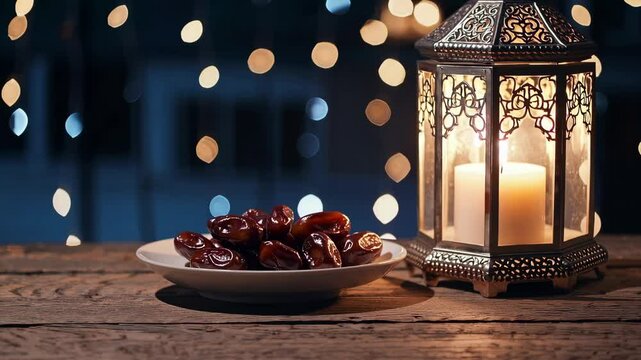 Glowing lantern and dates on rustic table capturing festive ambiance and warm evening glow
