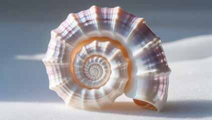 Elegant Spiral Seashell displaying iridescent hues resting on pristine white sand